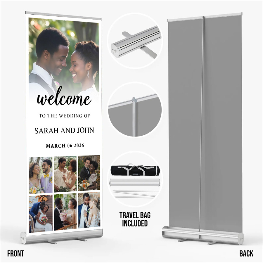Customized wedding retractable banners - personalized photo wedding welcome signs, reception decorations and background curtains